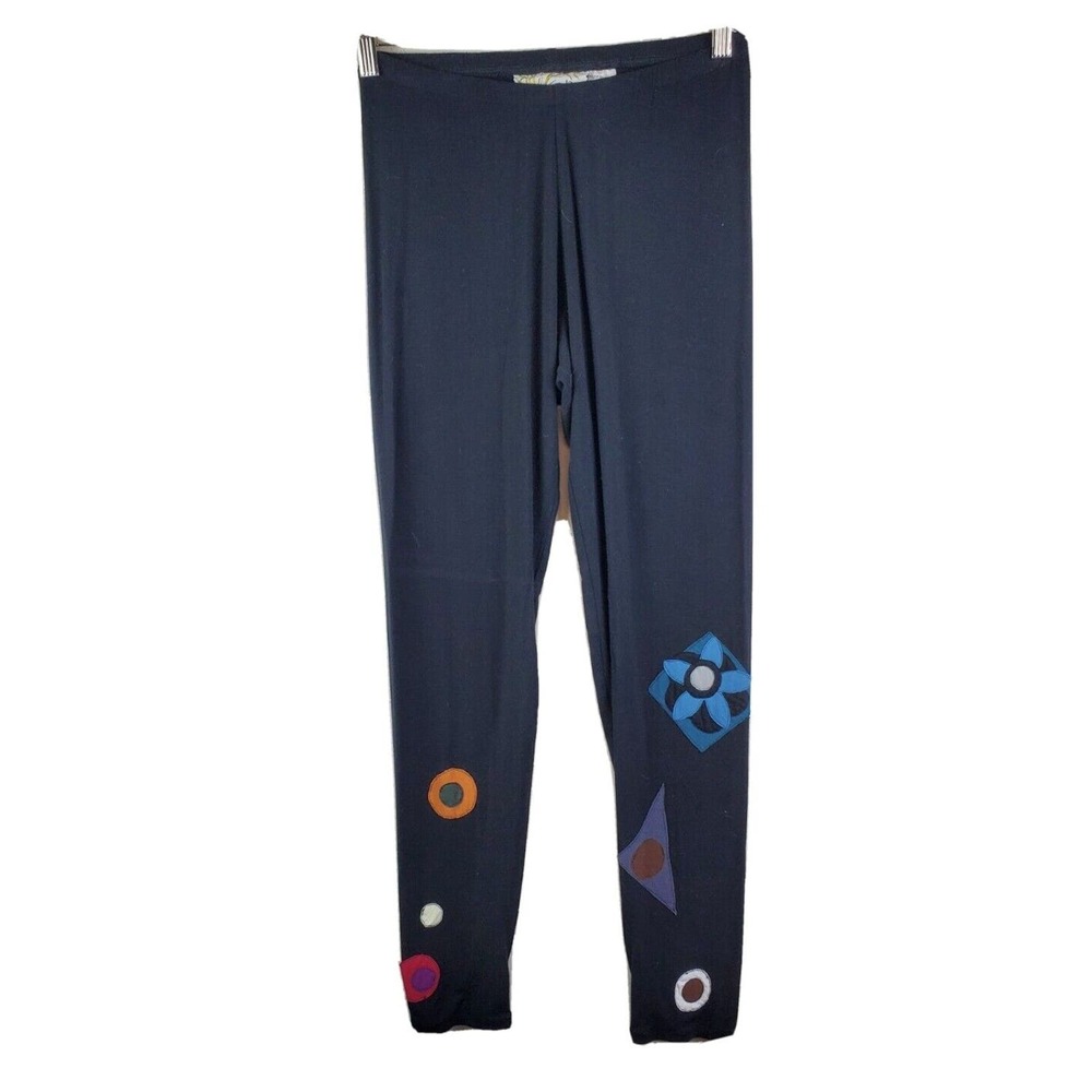 Carole Wang Medium Black Leggings Lagenlook Art To Wear BOHEMIAN Patches Bamboo‎